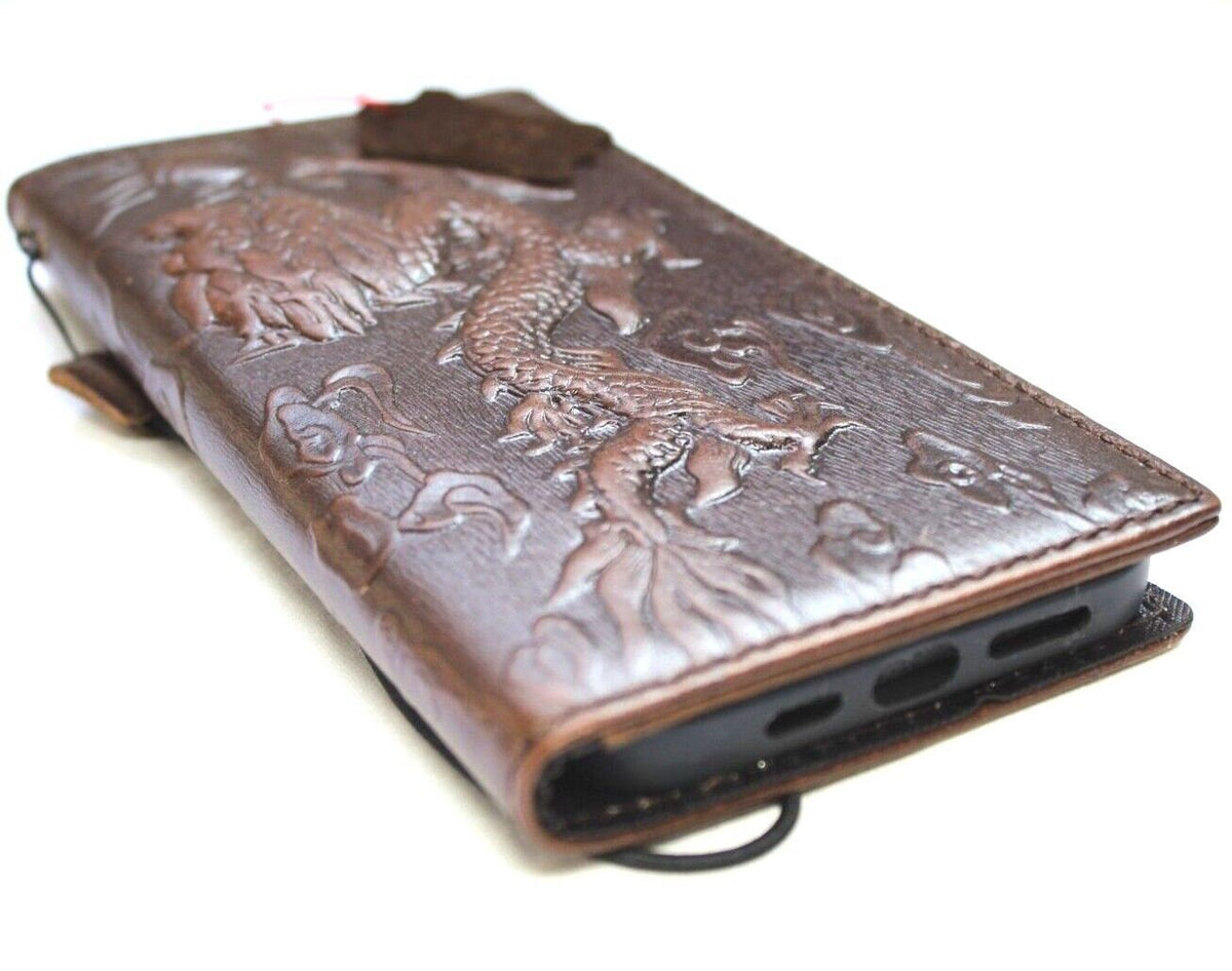 Handmade Leather iPhone Wallet Case: Vintage Dragon Design