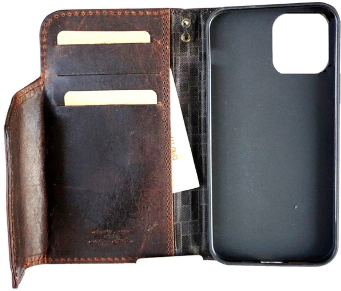 Handmade Vintage Leather iPhone Wallet Case: Tree of Life Art