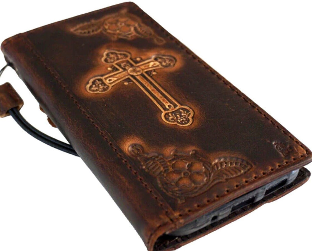 Handmade Leather Galaxy Phone Case: Vintage Cross Art Wallet