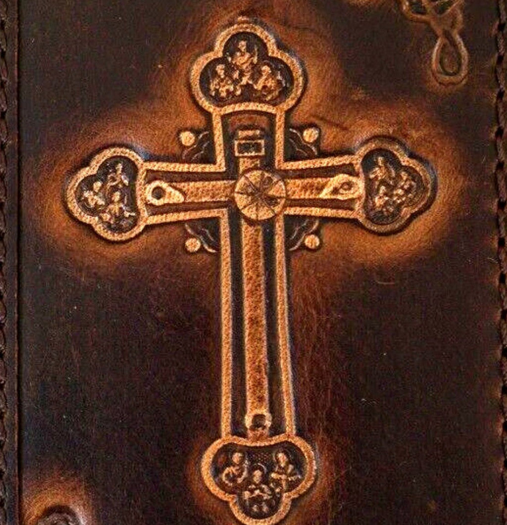Handmade Leather Galaxy Phone Case: Vintage Cross Art Wallet