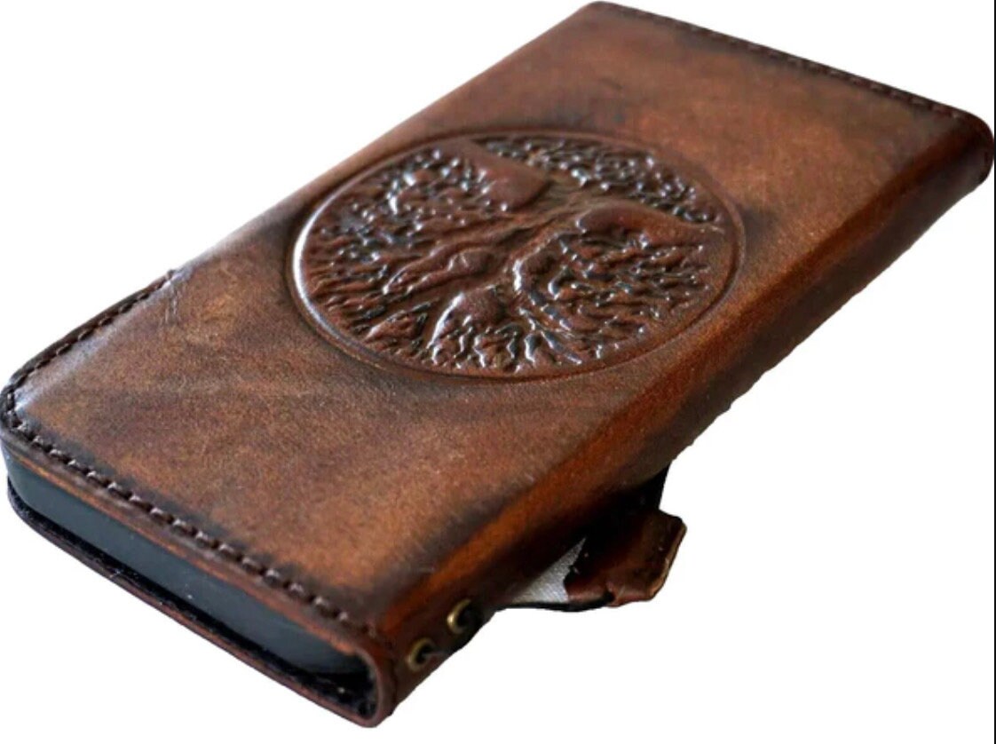 Handmade Vintage Leather iPhone Wallet Case: Tree of Life Art