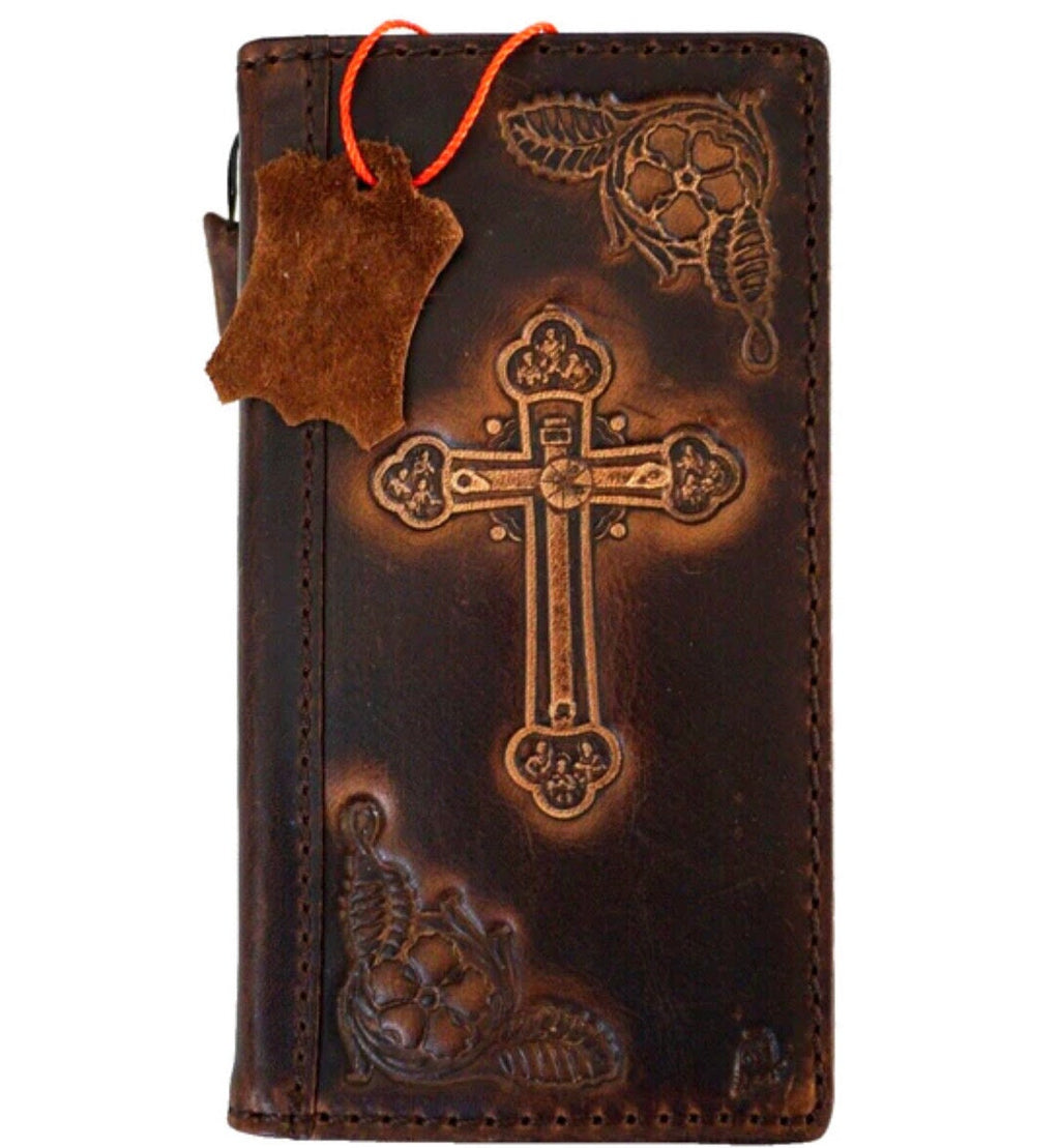Handmade Leather Galaxy Phone Case: Vintage Cross Art Wallet