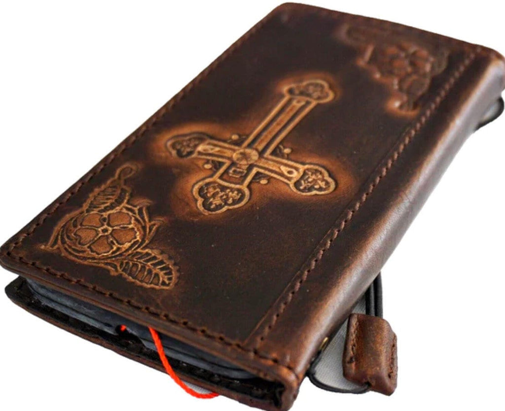 Handmade Leather Galaxy Phone Case: Vintage Cross Art Wallet