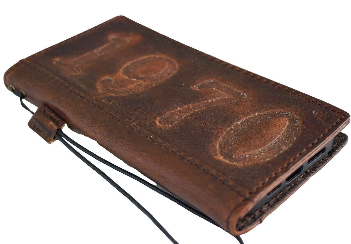 Handmade Leather Galaxy Phone Case: Vintage 1970 Embossed Wallet
