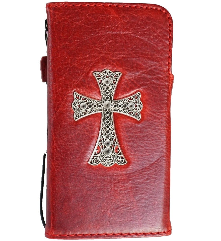 Handmade Leather iPhone Wallet Case: Vintage Cross Art Design