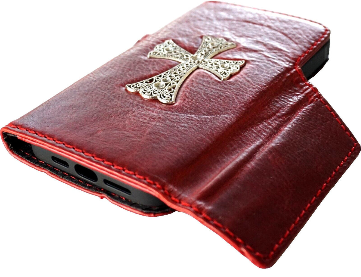 Handmade Leather iPhone Wallet Case: Vintage Cross Art Design