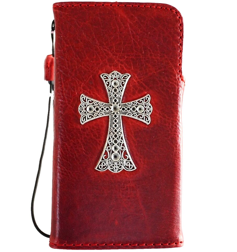 Handmade Leather iPhone Wallet Case: Vintage Cross Art Design