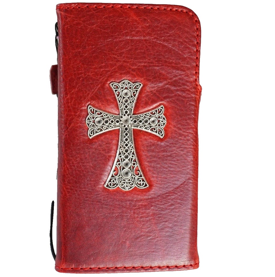 Handmade Leather iPhone Wallet Case: Vintage Cross Art Design