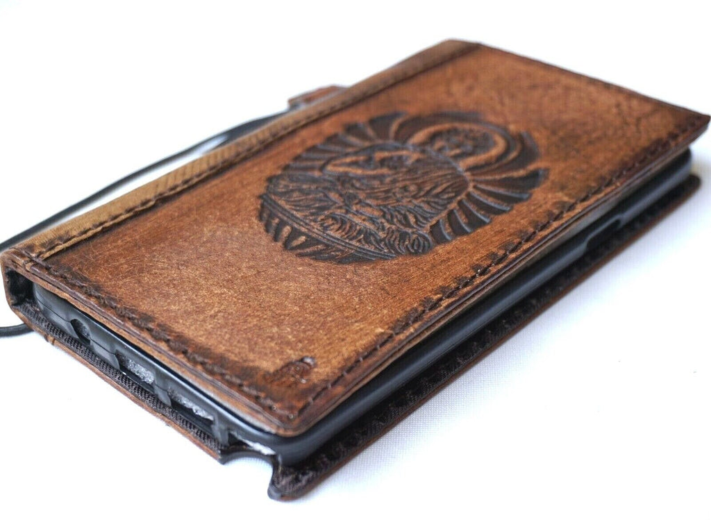Handmade Leather Wallet Case for Google Pixel: Vintage Buddha Design