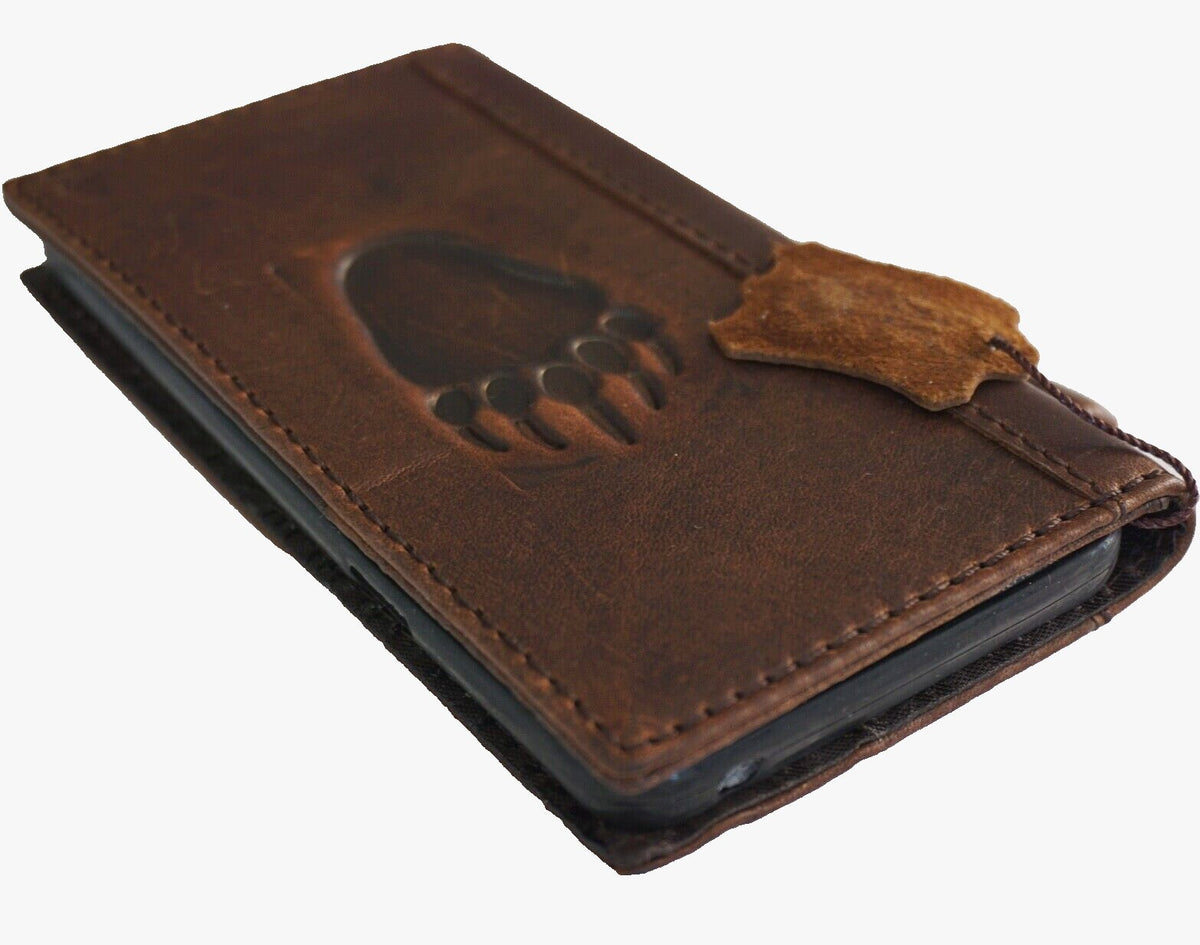 Genuine Leather Google Pixel Wallet Case: Vintage Bear Paw Design