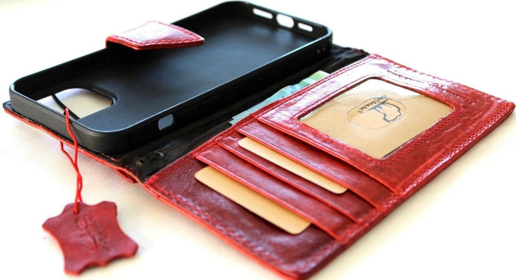Handmade Red Leather Google Pixel Wallet Case: Vintage Art