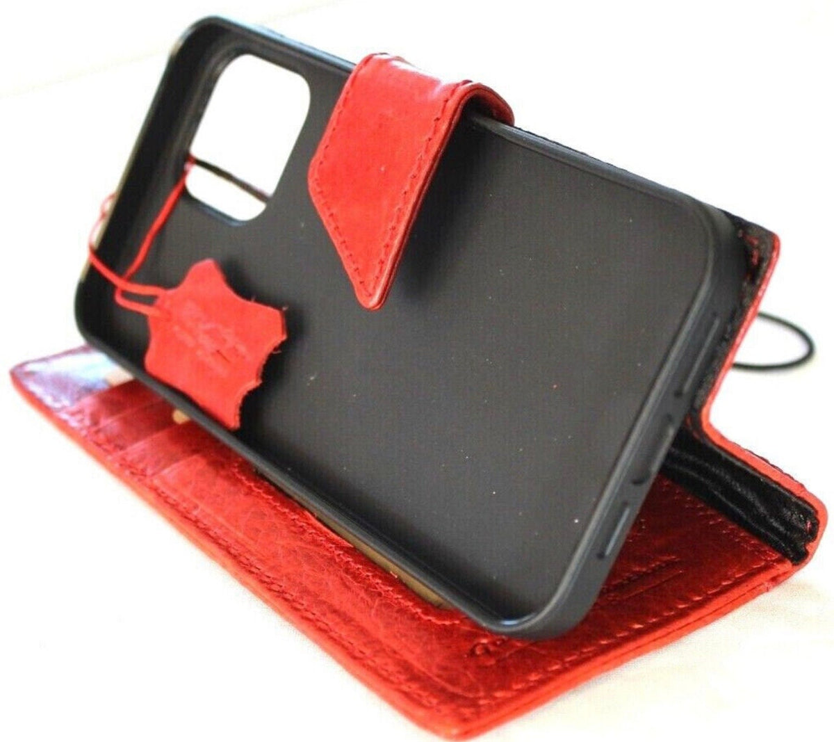 Handmade Red Leather Google Pixel Wallet Case: Vintage Art