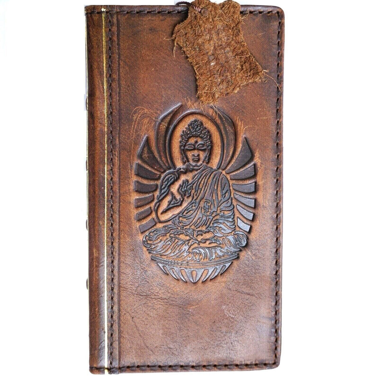 Vintage Leather iPhone Wallet Case: Buddha Art, Card Slots