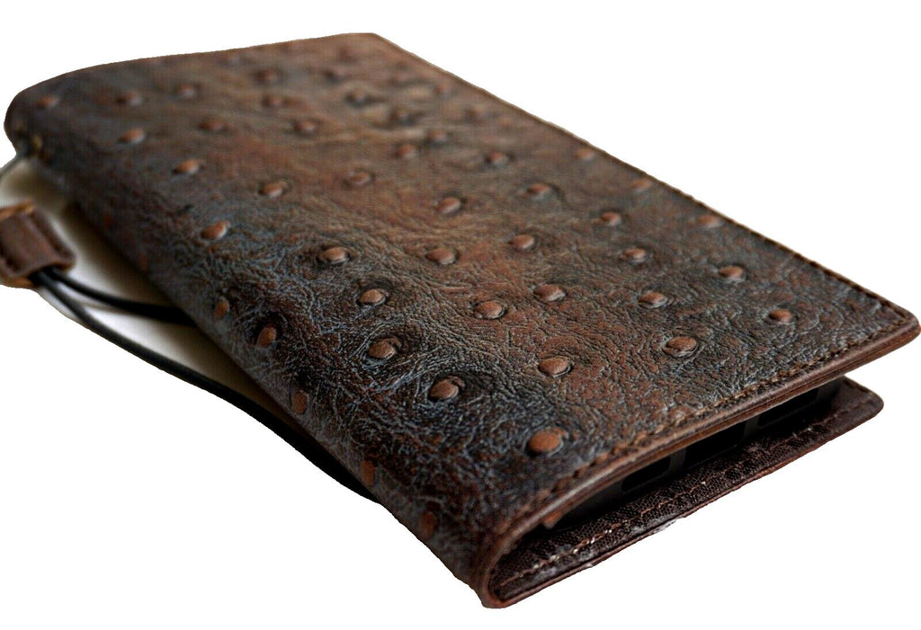 Genuine Leather iPhone Wallet Case: Vintage Ostrich Style, Card Slots