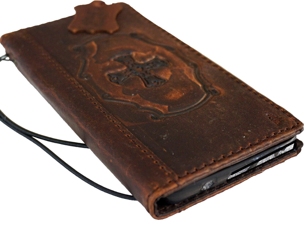 Handmade Leather iPhone Wallet Case: Vintage Stamped Cross Design