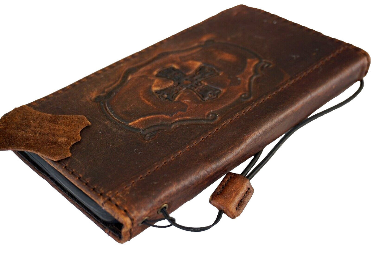 Handmade Leather Google Pixel Wallet Case: Vintage Book Design with Cross