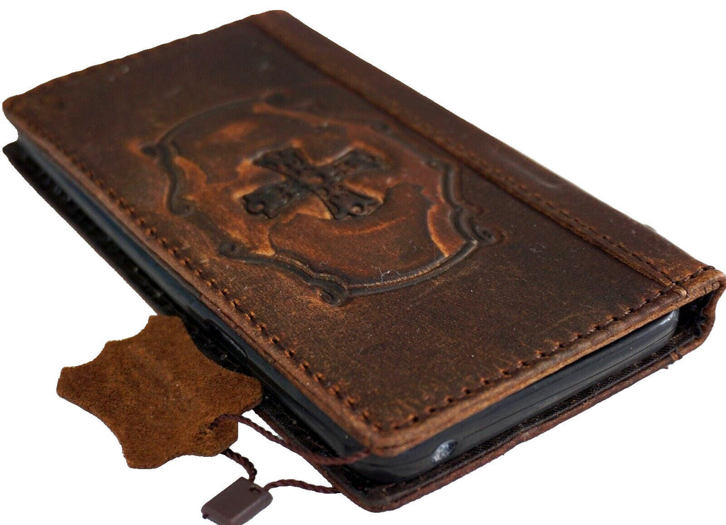 Handmade Leather Google Pixel Wallet Case: Vintage Book Design with Cross