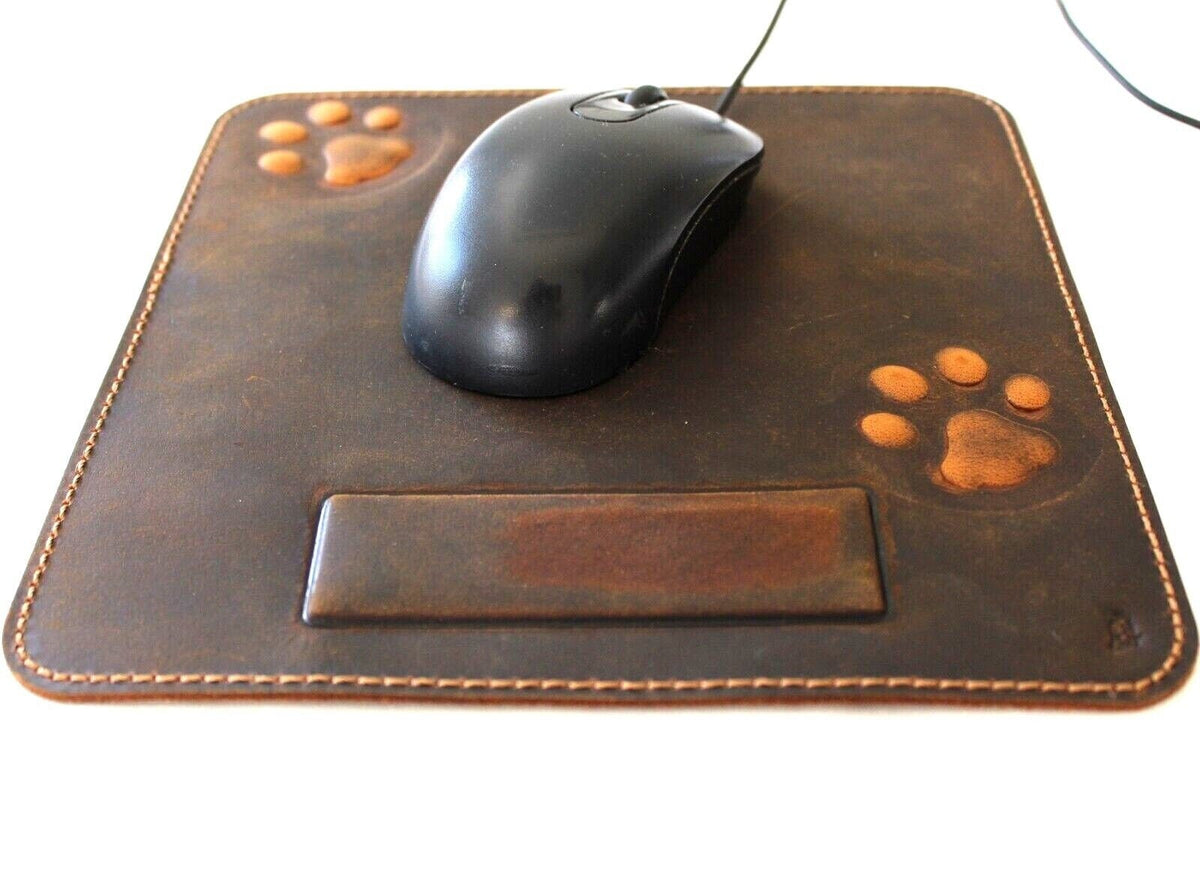 Genuine Handmade  Leather Mouse Pad Handcrafted soft Vintage Dog Paw Case cat Art