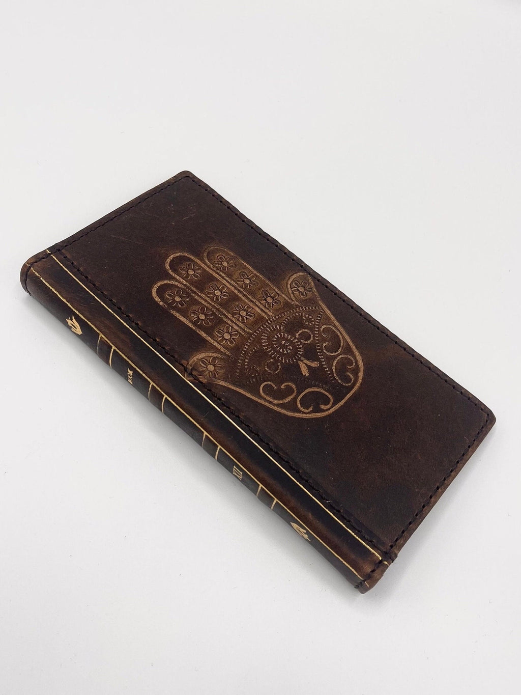 Handmade Leather iPhone Wallet Case: Hamsa Book Design