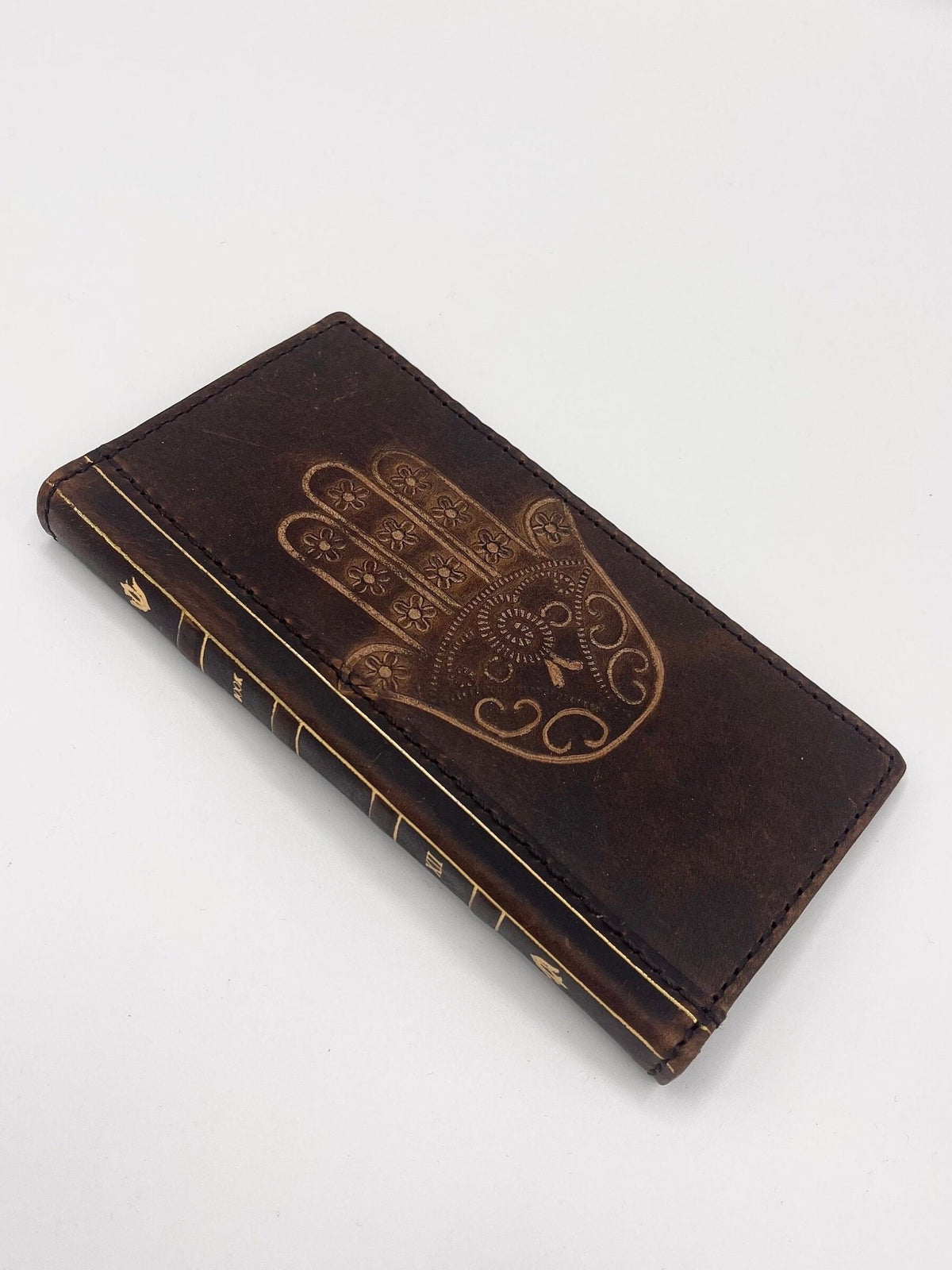Handmade Leather iPhone Wallet Case: Hamsa Book Design