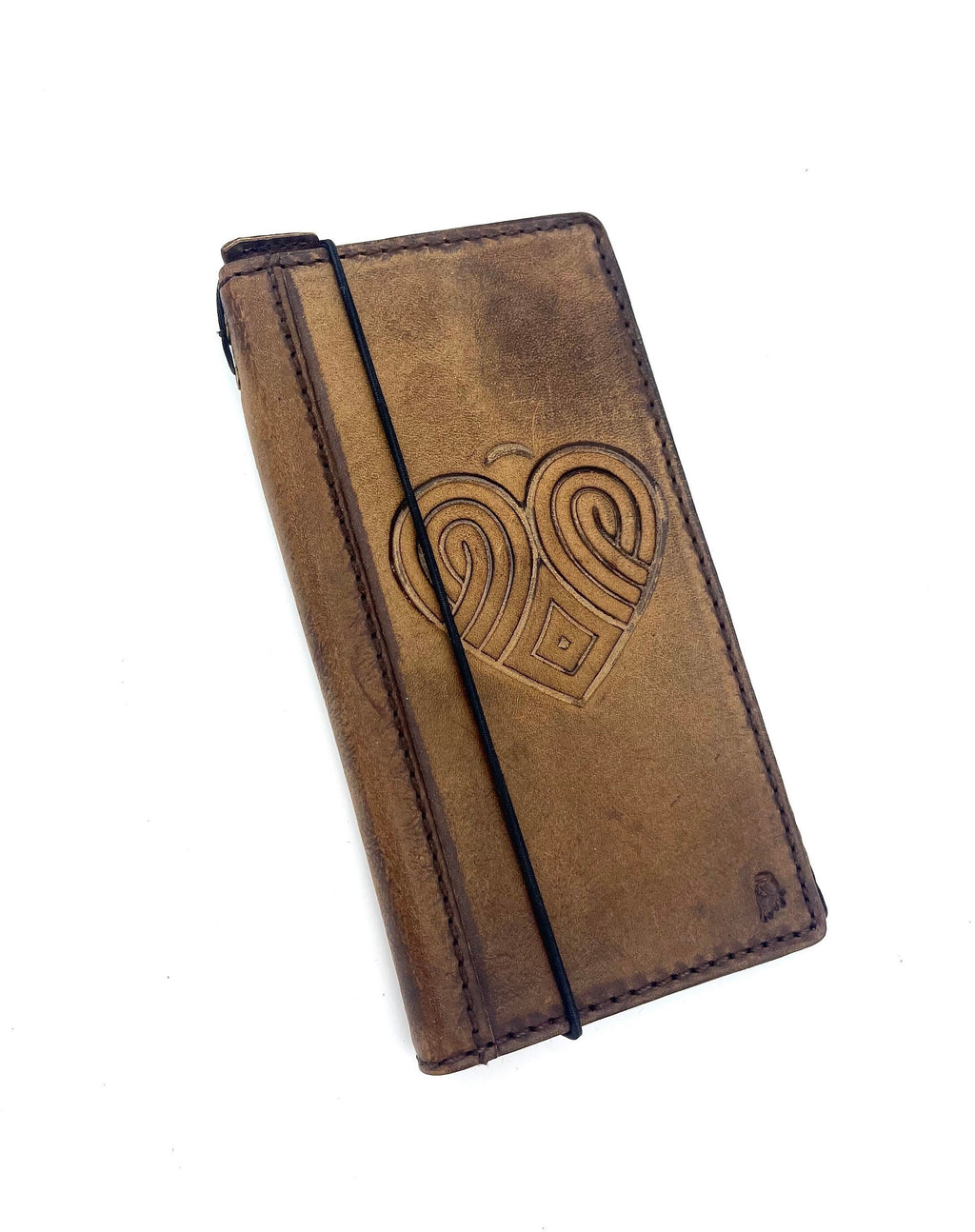 Handmade Leather iPhone Wallet Case: Vintage Heart Design