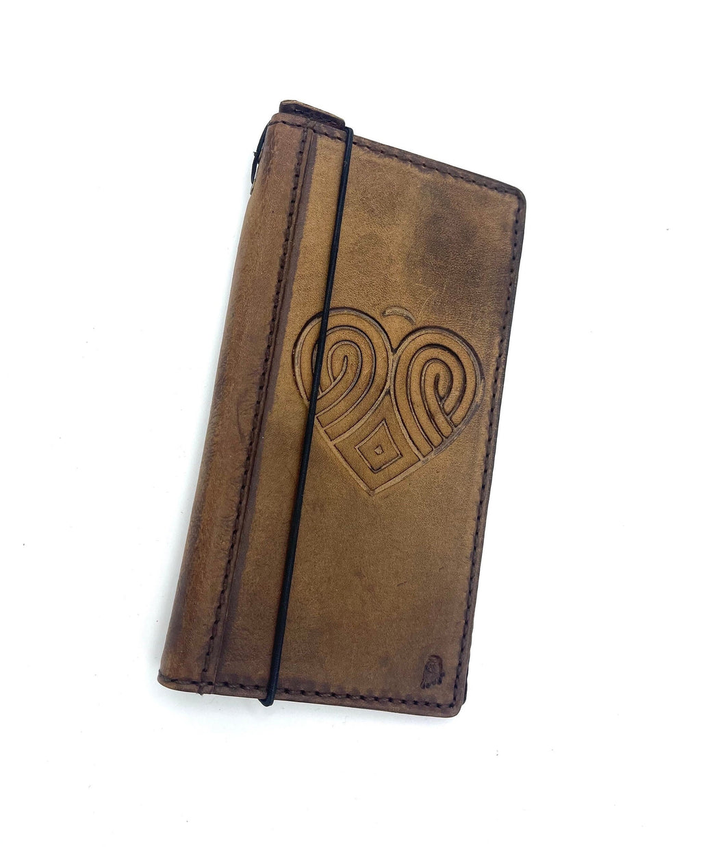 Handmade Leather iPhone Wallet Case: Vintage Heart Design