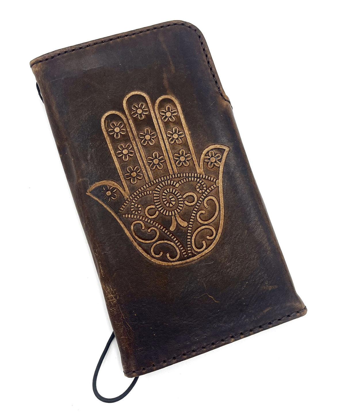Vintage Style Leather iPhone Wallet Case with Hamsa Design