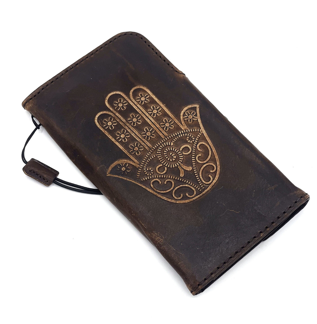 Vintage Style Leather iPhone Wallet Case with Hamsa Design