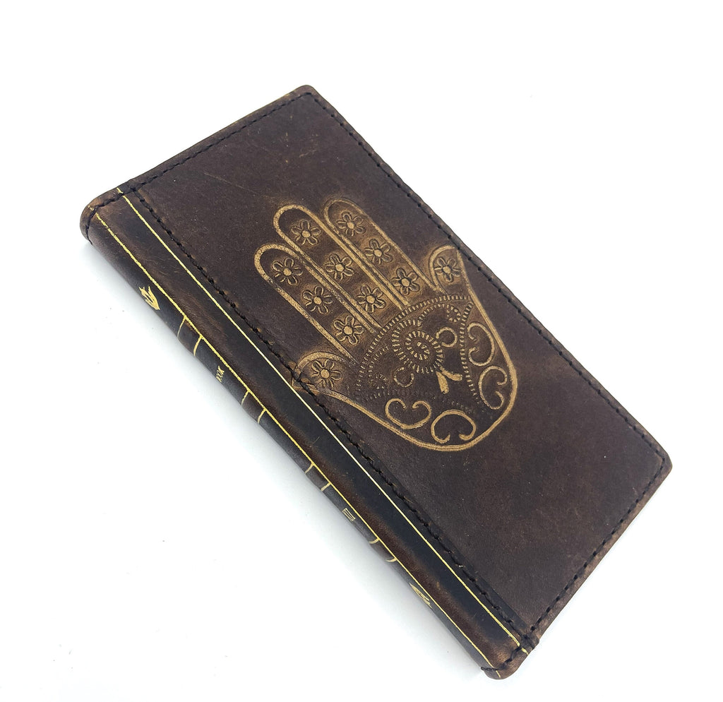 Handmade Leather iPhone Wallet Case: Hamsa Book Design
