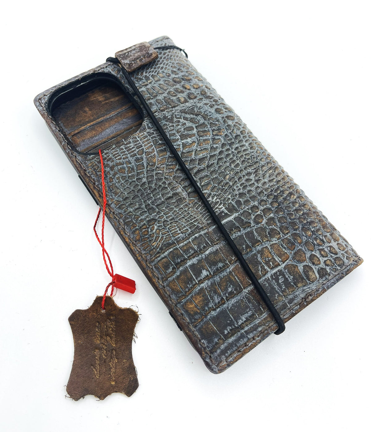 Genuine Leather Google Pixel Wallet Case: Vintage Crocodile Design