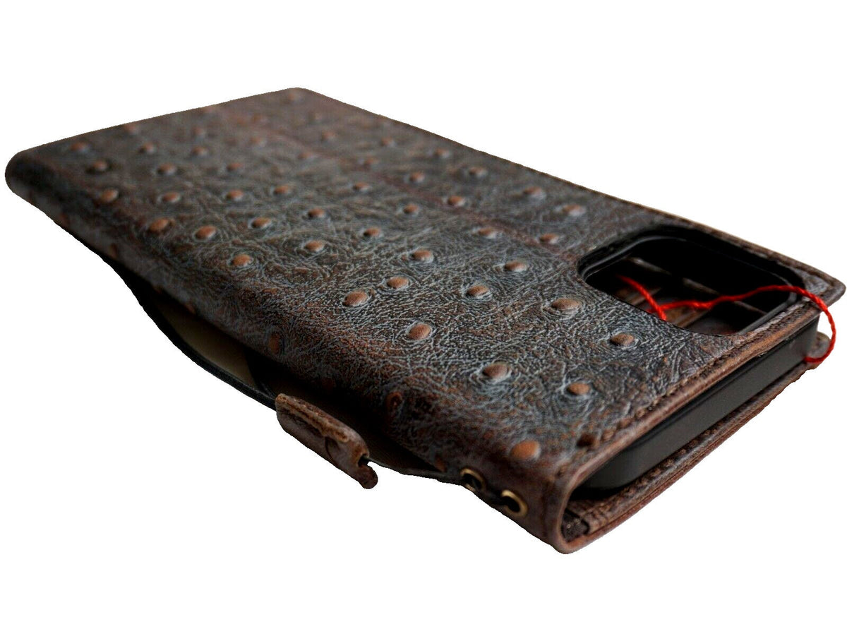 Genuine Leather iPhone Wallet Case: Vintage Ostrich Style, Card Slots