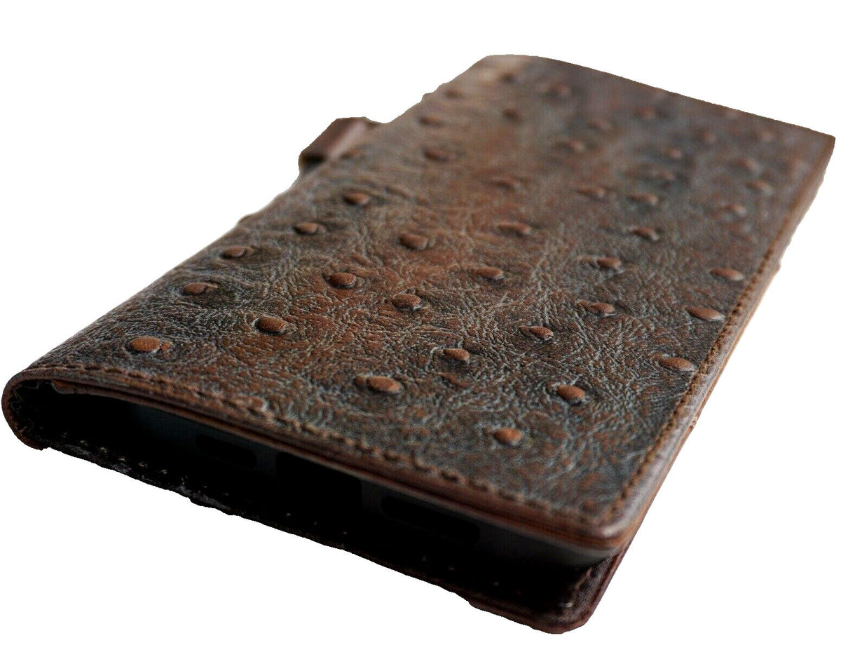 Genuine Leather iPhone Wallet Case: Vintage Ostrich Style, Card Slots