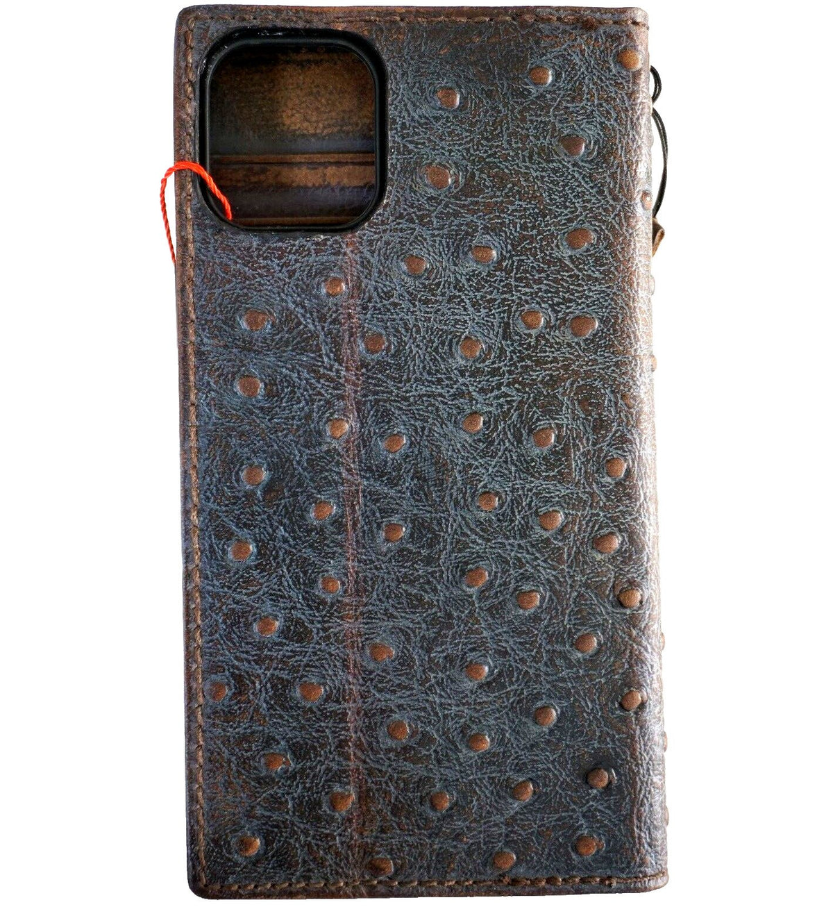 Genuine Leather iPhone Wallet Case: Vintage Ostrich Style, Card Slots
