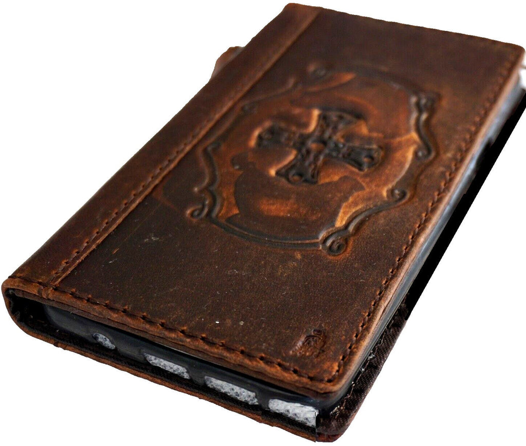 Handmade Leather iPhone Wallet Case: Vintage Stamped Cross Design
