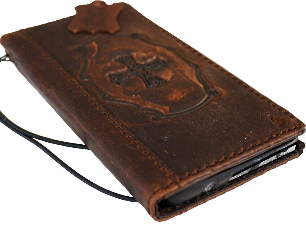 Handmade Leather Google Pixel Wallet Case: Vintage Book Design with Cross
