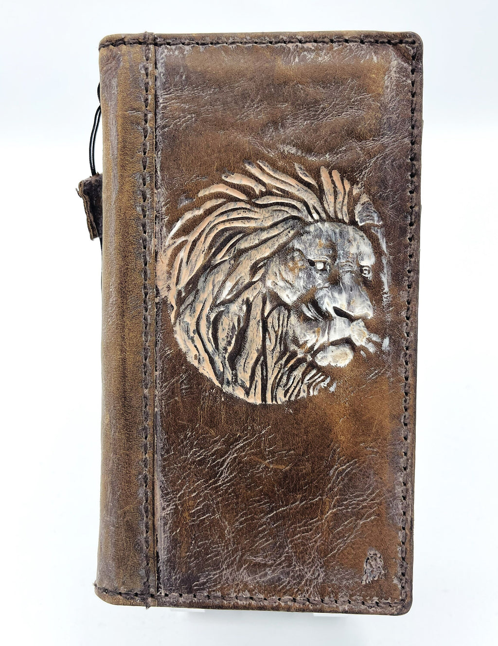 Handmade Leather Galaxy Phone Case: Lion Art Wallet Book Cover
