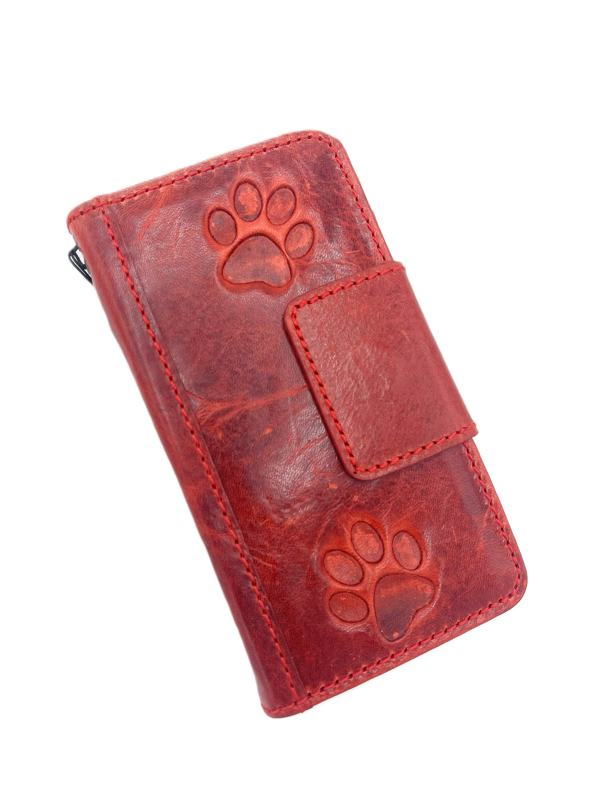 Handmade Leather iPhone Wallet Case: Red Vintage Book Cover with Paw Print