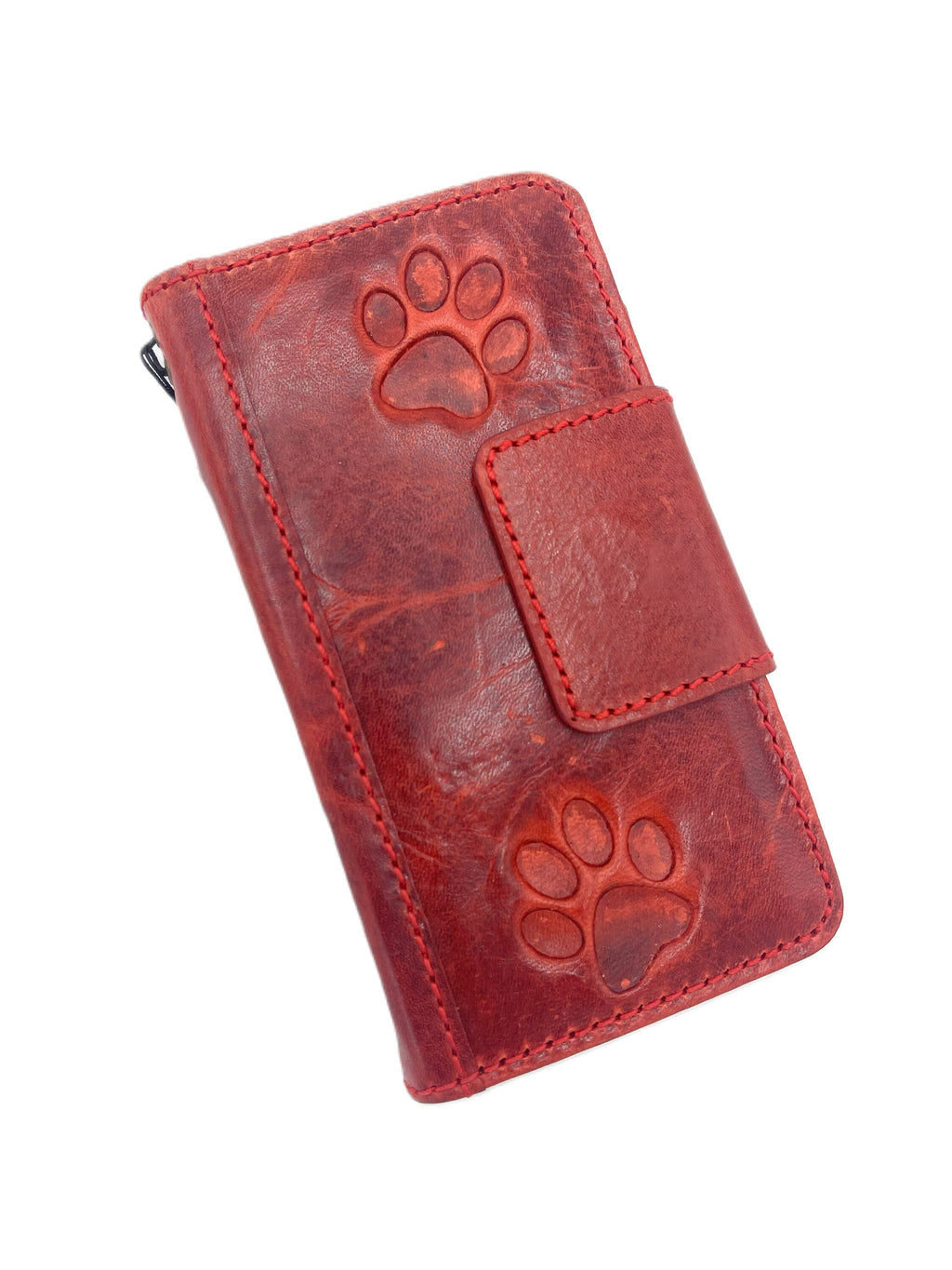 Handmade Leather iPhone Wallet Case: Red Vintage Book Cover with Paw Print