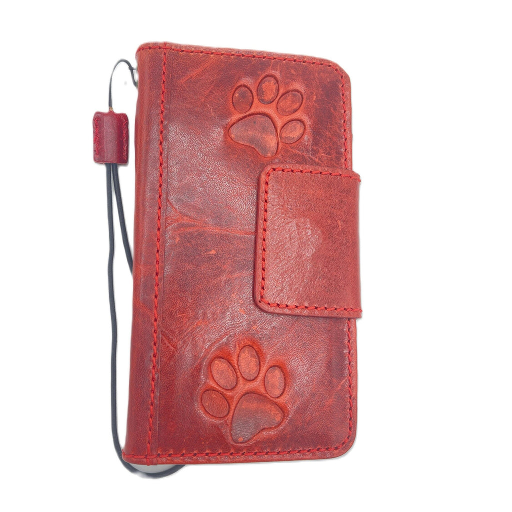 Handmade Leather iPhone Wallet Case: Red Vintage Book Cover with Paw Print