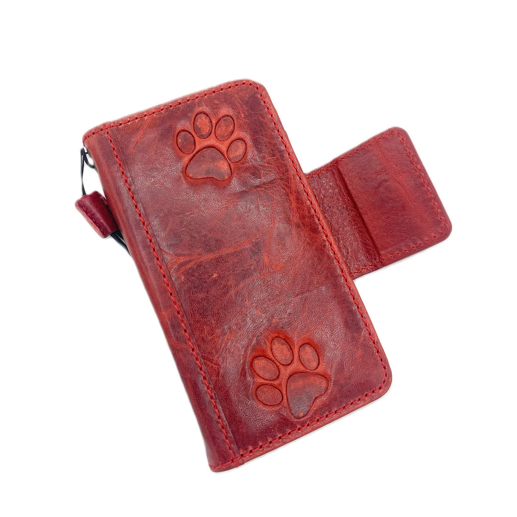 Handmade Leather iPhone Wallet Case: Red Vintage Book Cover with Paw Print