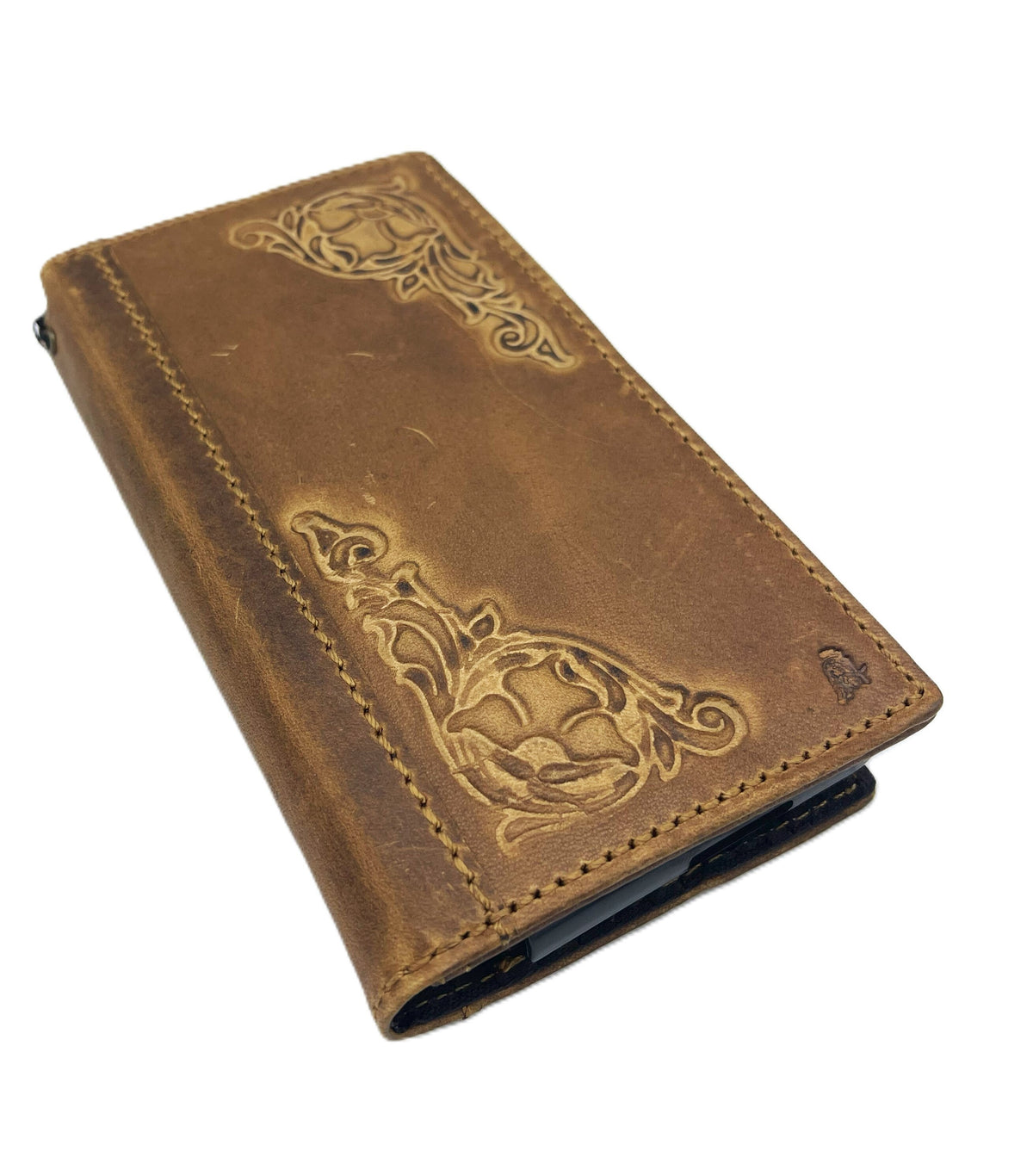 Handmade Leather iPhone Wallet Case: Vintage Embossed Art Design