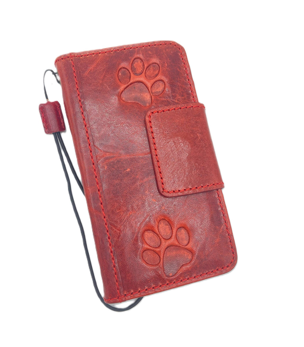 Handmade Leather iPhone Wallet Case: Red Vintage Book Cover with Paw Print