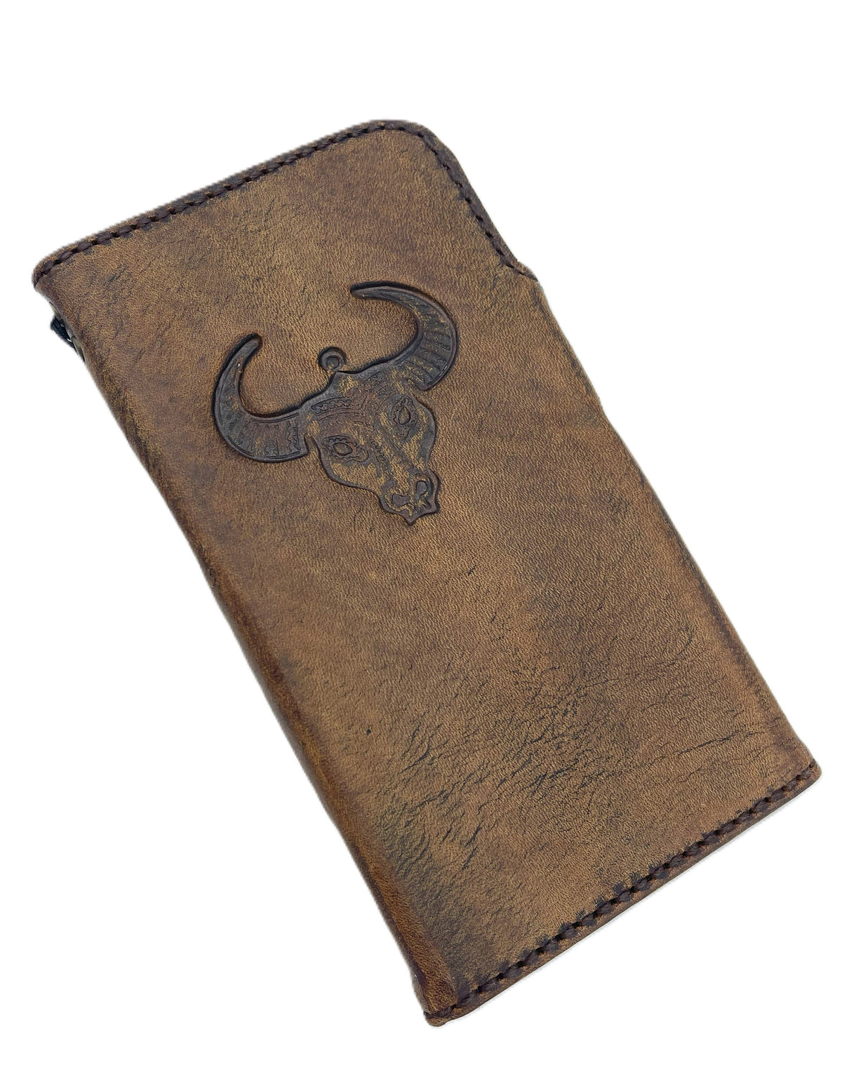 Handmade Leather iPhone Wallet Case: Vintage Bull Art Stamping