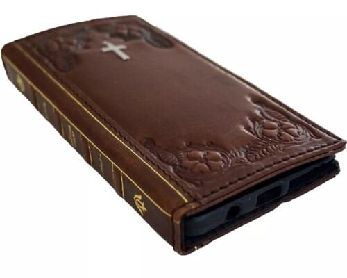 Genuine Leather fo OnePlus Open Case Wallet Handmade Wireless Luxury decorations Art jesus Cross