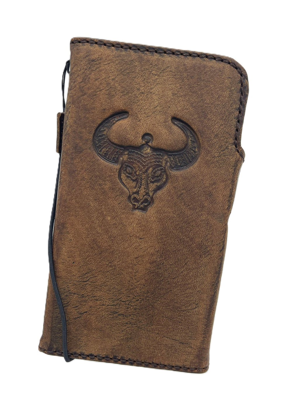 Handmade Leather iPhone Wallet Case: Vintage Bull Art Stamping