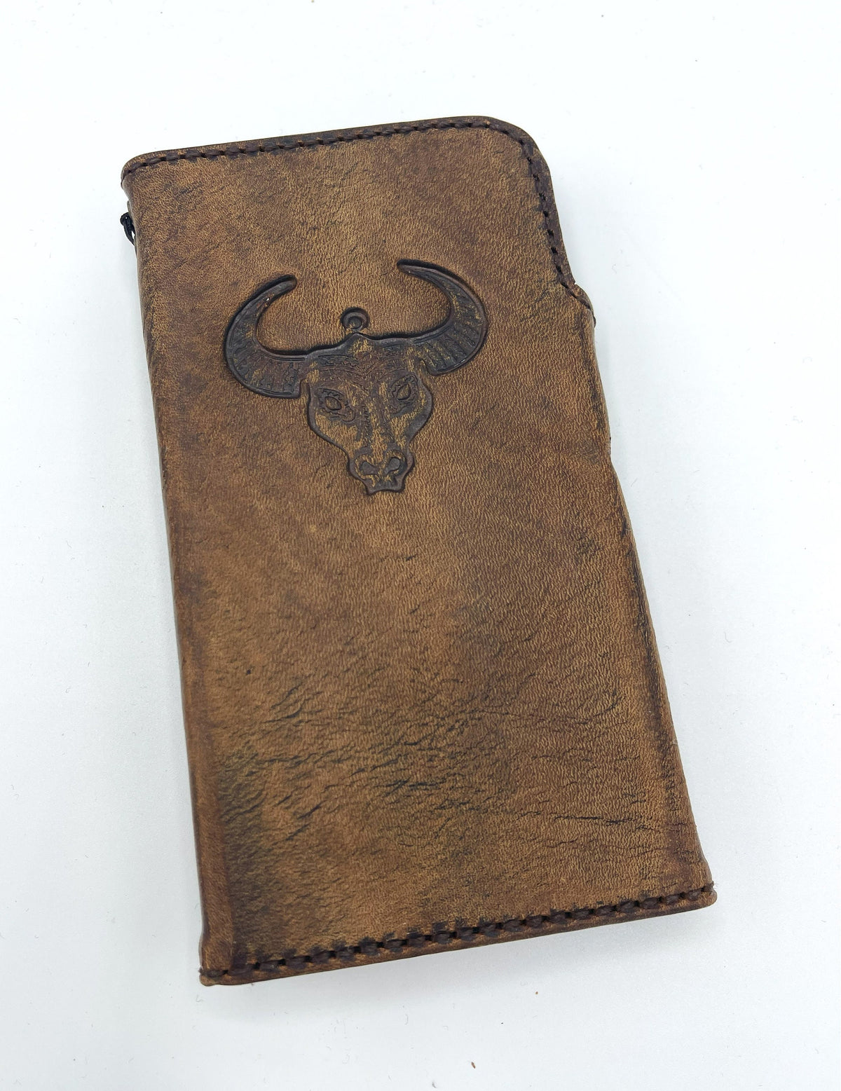 Handmade Leather iPhone Wallet Case: Vintage Bull Art Stamping