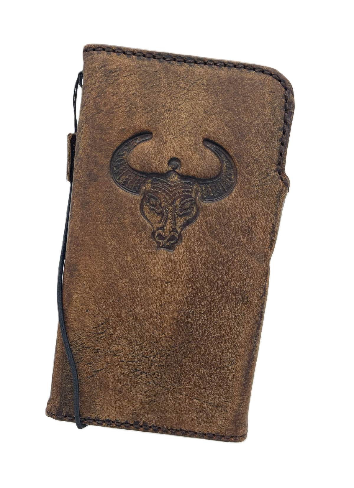 Handmade Leather Wallet Case: Bull Stamp, Card Slots