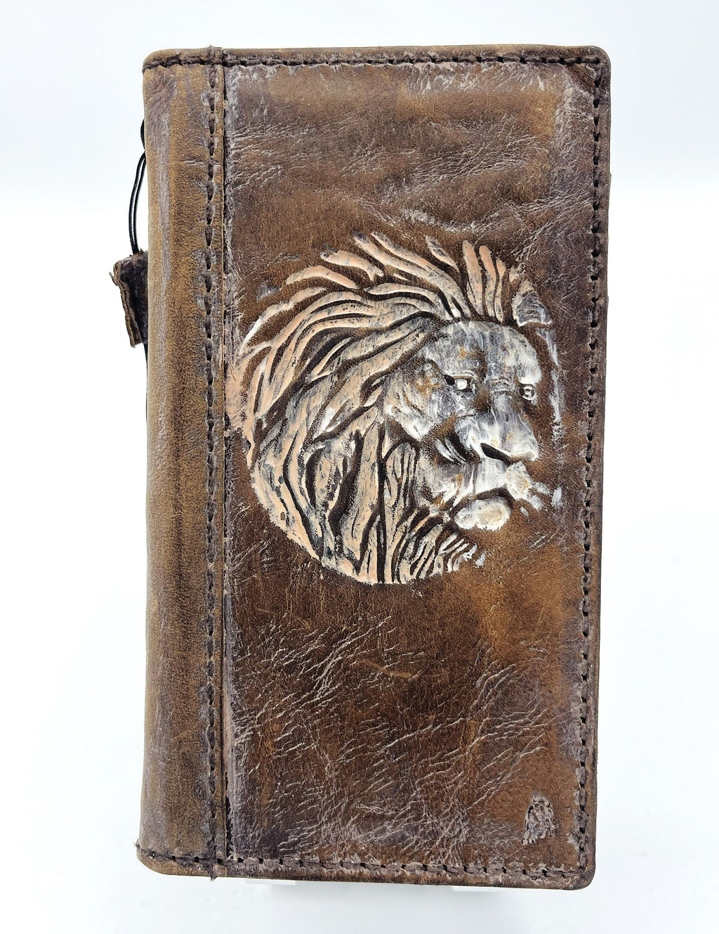 Handmade Leather Galaxy Z Fold Wallet Cover: Lion Art Design