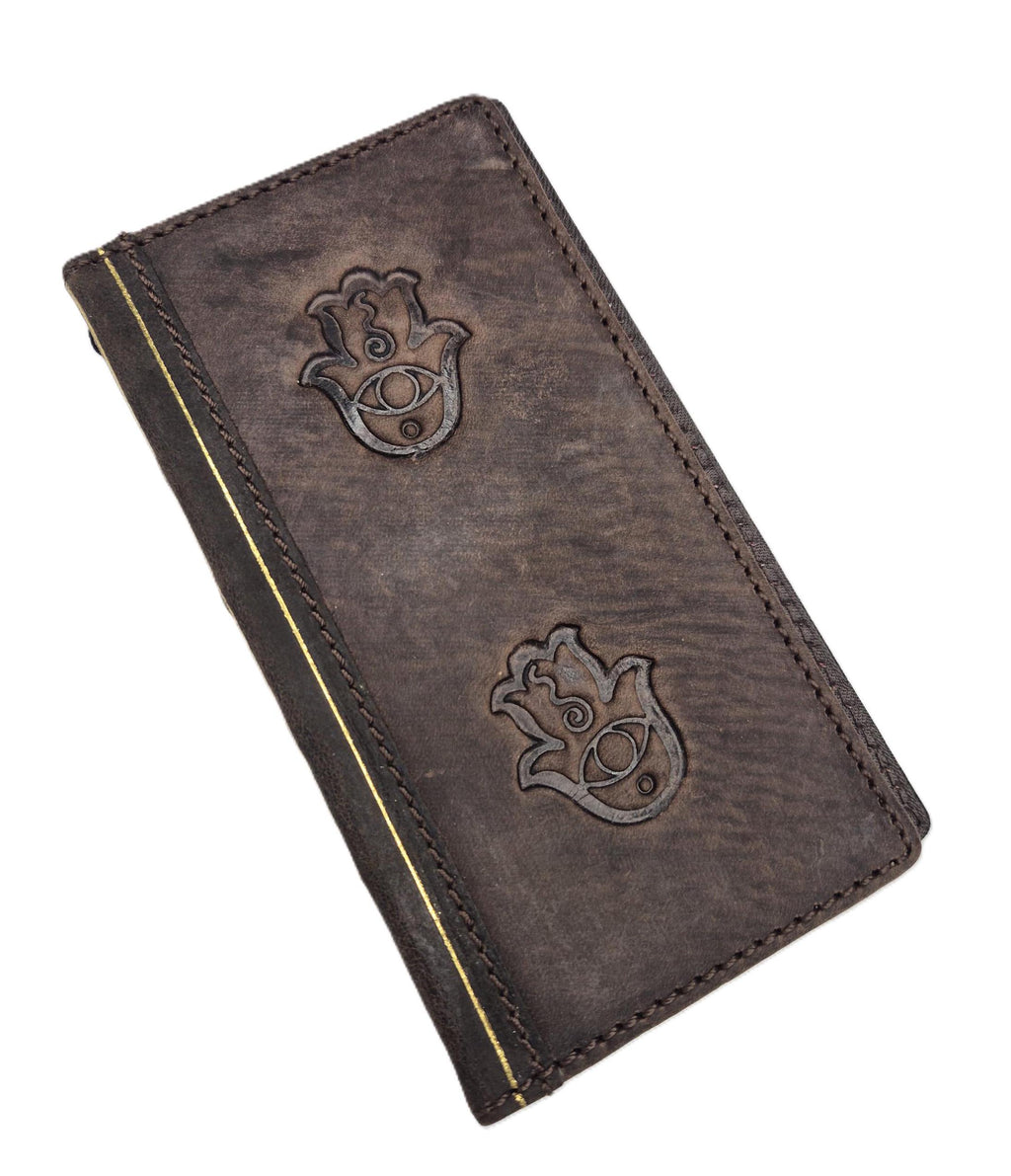 Handmade Leather Galaxy Phone Wallet Case: Hamsa Art Cover