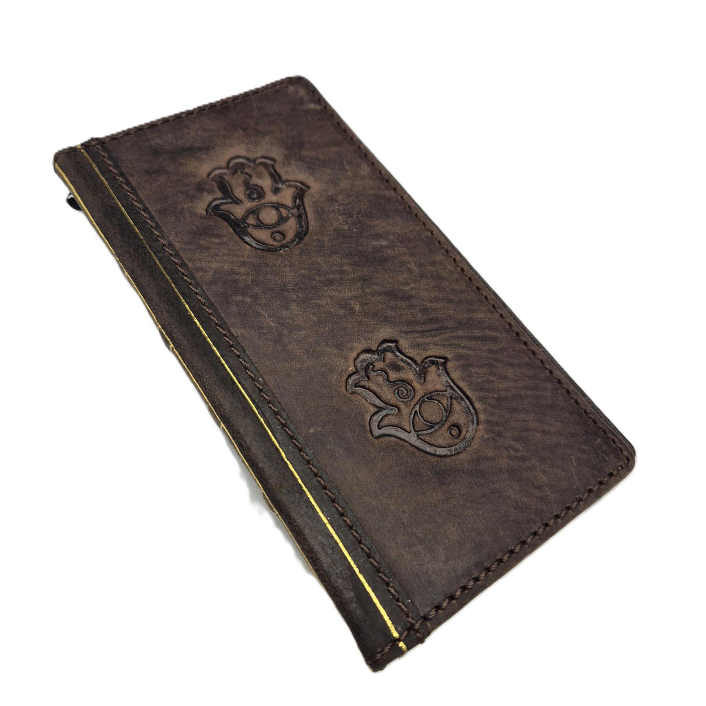 Handmade Leather Galaxy Phone Wallet Case: Hamsa Art Cover